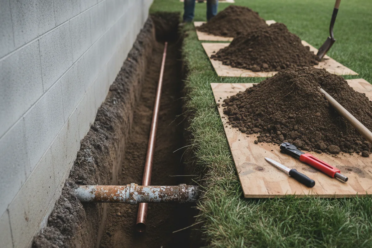 Excavated water line trench during Water Heater Repair in Loretto